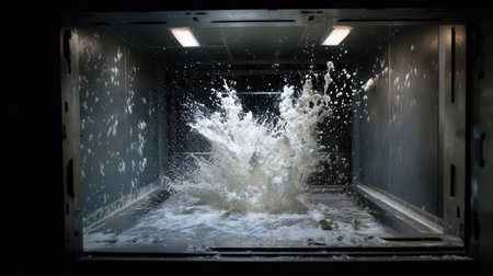 This captivating image showcases a dramatic water splash within a closed space, highlighting energy and fluid dynamics with a high-speed capture.の素材