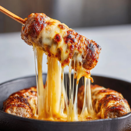 Experience the enticing sight of melted cheese flowing from a juicy sausage, beautifully presented in a black bowl. This dish is perfect for casual gatherings or special occasions.の素材