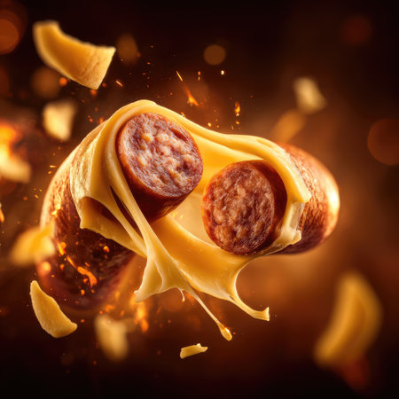 An enticing composition of sausage slices and oozing cheese captured mid-air, showcasing dynamic movement and rich textures against a dark background.の素材