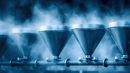 An industrial funnel system with vapor release creates a dynamic atmosphere in a manufacturing environment, showcasing cutting-edge technology and processes.の素材