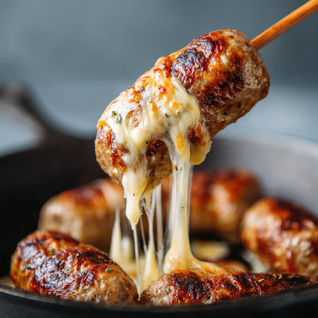 A close-up of a skewer with delicious grilled sausage topped with melting cheese, showcasing the perfect pull as it is lifted from a plate.の素材