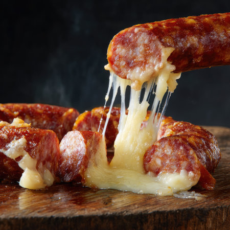 This captivating image features a tempting arrangement of sausage slices topped with melting cheese, highlighting their rich texture and flavor.の素材
