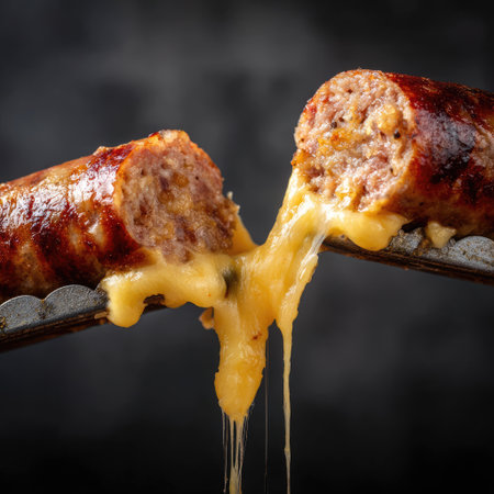 This close-up image showcases a juicy grilled sausage, revealing gooey melted cheese. The dark background enhances the rich colors and textures, making it an appetizing visual perfect for food enthusiasts.の素材