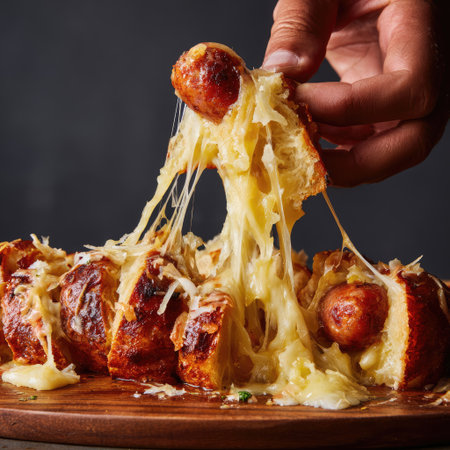 A mouthwatering close-up image showcasing a delicious dish of melted cheese and sausages on a rustic wooden plate, perfect for food lovers.の素材