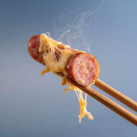 A close-up of a delicious sausage topped with melted cheese, presented on chopsticks against a modern blue background, showcasing savory indulgence.の素材
