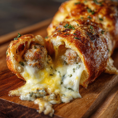 A mouthwatering cheesy bread roll filled with savory meat and herbs, presented on a rustic wooden board, perfect for snacking or appetizers.の素材