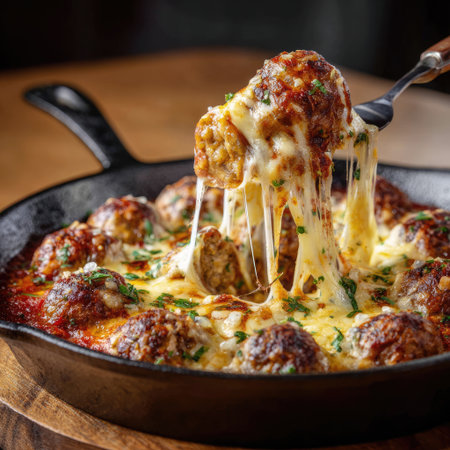 Indulge in this visually stunning dish of savory cheese-stuffed meatballs, topped with melted cheese and fresh herbs, served hot in an elegant skillet.の素材