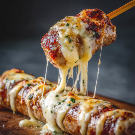 A close-up of a succulent meat roll, topped with cheesy goodness, garnished with fresh herbs, perfect for culinary creations or mouthwatering meals.の素材
