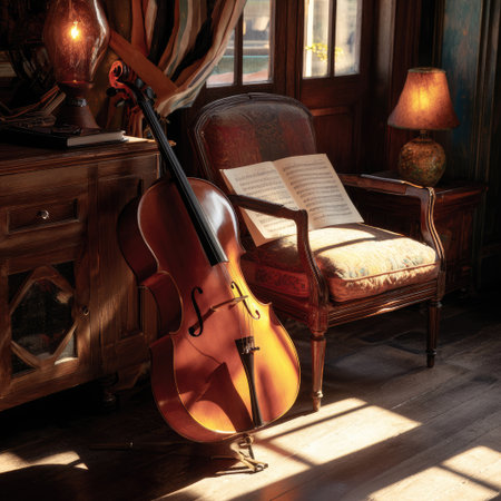 This image captures a vintage interior featuring a cello, warm ambient light, and inviting decor, creating a cozy atmosphere perfect for artistic inspiration.の素材