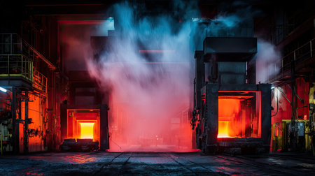 A striking industrial scene features red hot metal being processed in a factory, enveloped in thick steam and illuminated by vibrant lighting.の素材