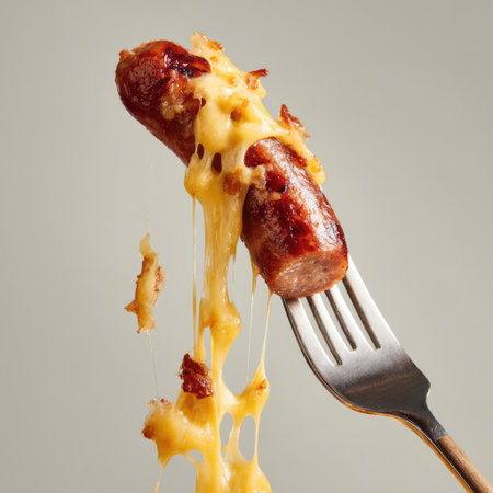 A mouthwatering close-up of a juicy sausage on a fork, oozing with melted cheese, displays an enticing food scene perfect for culinary lovers.の素材