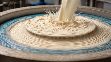 A rich, creamy liquid is being poured into a round container, creating an artistic swirl on the textured surface. This captivating scene showcases the essence of food preparation in a bright kitchen environment.の素材
