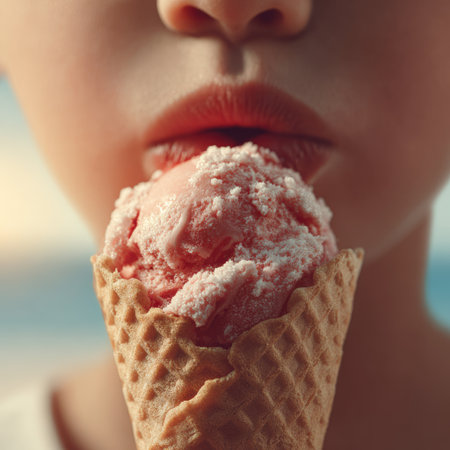 A delightful close-up image features a child enjoying a strawberry ice cream cone, capturing the joy of a summer treat with soft mint hues in the background.の素材