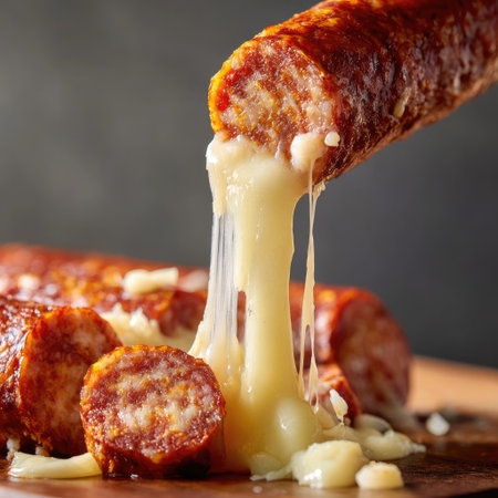 This captivating image showcases a juicy sausage with melted cheese oozing from it, resting on a rustic wooden surface, perfect for food lovers.の素材