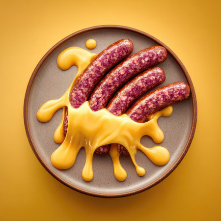 A mouthwatering display featuring juicy sausages drenched in rich melted cheese sauce on a sunlit yellow plate, perfect for food lovers.の素材