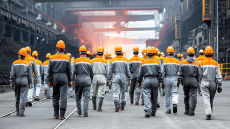 A diverse group of workers in safety gear walks confidently towards an industrial facility, showcasing collaboration and dedication in the manufacturing industry.の素材