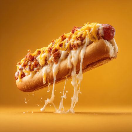 A mouth-watering hot dog loaded with cheese and toppings drips with sauce, set against a vibrant yellow background. Ideal for food lovers.の素材