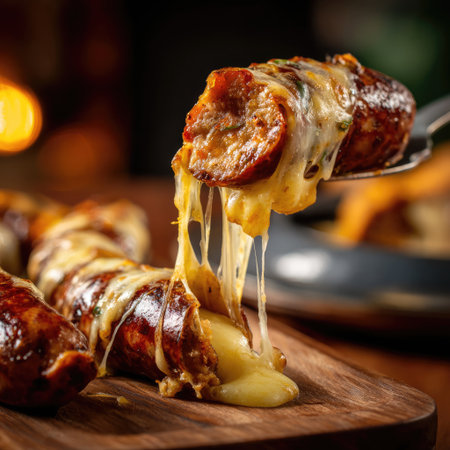 This mouthwatering image showcases juicy sausages smothered in gooey cheese, perfect for food lovers and culinary presentations. Ideal for recipes and menus.の素材
