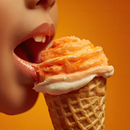This vibrant close-up captures the joy of enjoying a refreshing orange ice cream cone topped with whipped cream, evoking a delightful summer experience.の素材
