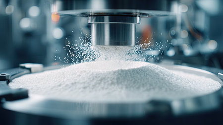 This close-up image showcases industrial machinery in action, focusing on the dispensing of fine powder particles. The mist effect highlights the precision and innovation in modern manufacturing processes.の素材