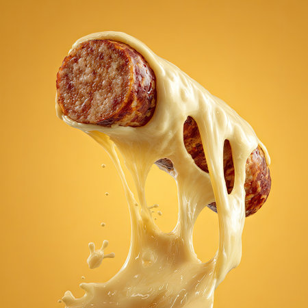 This vibrant image features a juicy sausage dripping with melting cheese against a striking yellow background, perfect for capturing attention in food photography.の素材