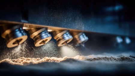 This image captures the intricate process of metal 3D printing, showcasing advanced machinery sintering powder in a modern industrial setting.の素材