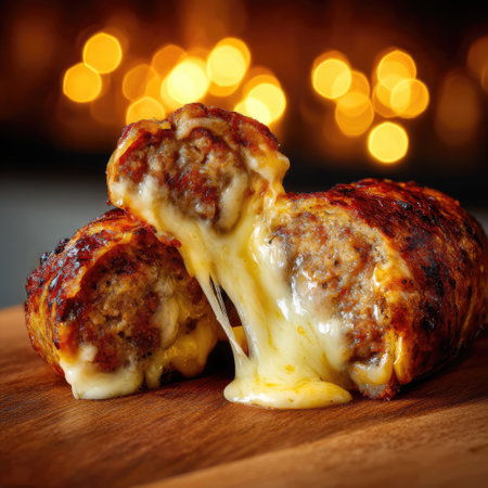 A close-up view of a juicy meatball filled with melting cheese, resting on a wooden surface. The warm bokeh background adds a cozy feel, perfect for food lovers.の素材