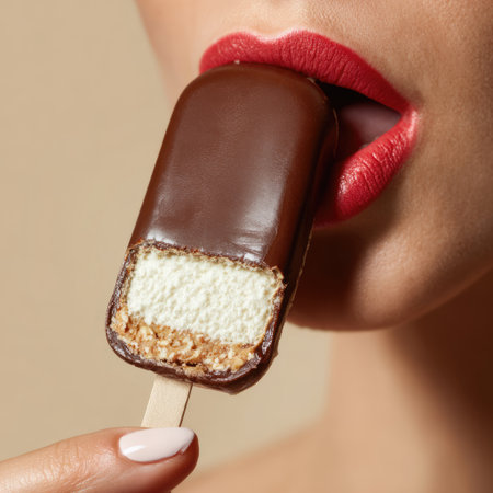 A captivating close-up image highlights a woman's mouth taking a bite of a chocolate-coated ice cream bar, showcasing luscious red lips and indulgent delight.の素材