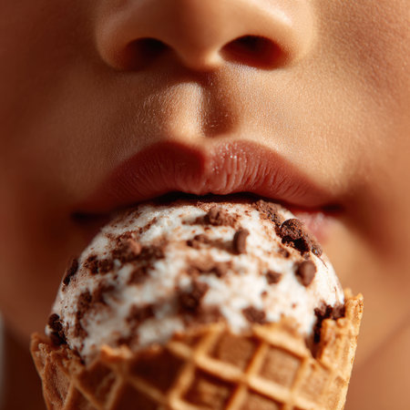 A captivating close-up image showcasing a rich ice cream cone adorned with chocolate toppings, inviting viewers to relish the joy of indulging in sweet delight.の素材