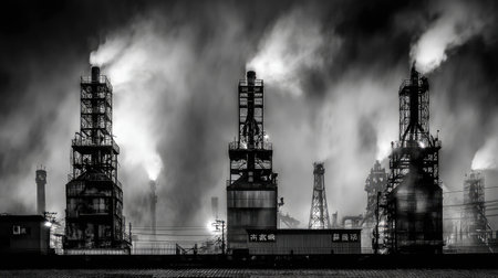 A striking black and white image of industrial smokestacks standing tall as steam billows dramatically into the night sky, creating a moody atmosphere.の素材