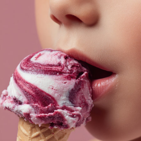 A close-up of a young woman savoring a swirled ice cream cone, embodying joy and indulgence against a soft pink backdrop. Perfect for summer themes.の素材