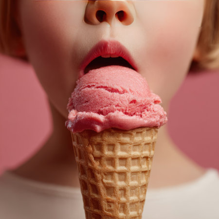 A cheerful child is savoring a pink ice cream cone, showcasing a happy expression that captures the essence of childhood joy and summer treats.の素材