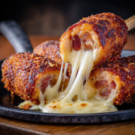 This mouthwatering image showcases a crispy fried snack filled with savory sausage, oozing melted cheese, and served on a rustic cast iron plate.の素材