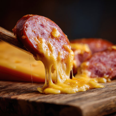 This captivating image features warm, melted cheese elegantly dripping from a slice of salami on a rustic wooden board, creating an inviting culinary scene.の素材