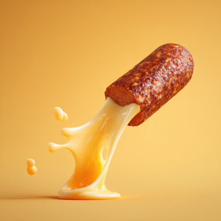 This tantalizing image showcases a juicy sausage surrounded by melting cheese and splashing sauce on a vibrant orange background, highlighting culinary delight.の素材