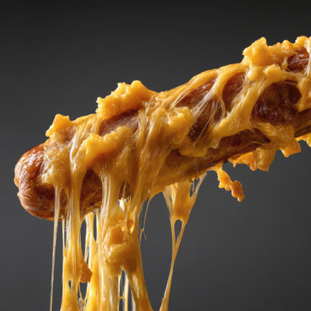 A close-up view of a juicy sausage covered in gooey melted cheese, showcasing a perfect blend of flavors on a rustic wooden background.の素材