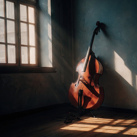 An elegant wooden cello rests in a sunlit room, creating a serene atmosphere. Soft shadows dance on the vintage wall, enhancing the artistic space.の素材