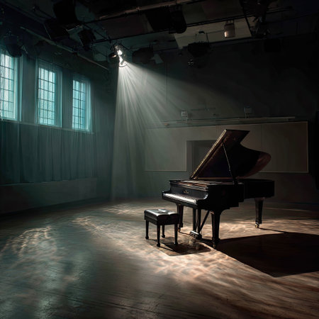 A striking image of a grand piano set in a beautifully lit room, showcasing rays of light and shimmering reflections on the floor, evoking a sense of elegance and tranquility.の素材