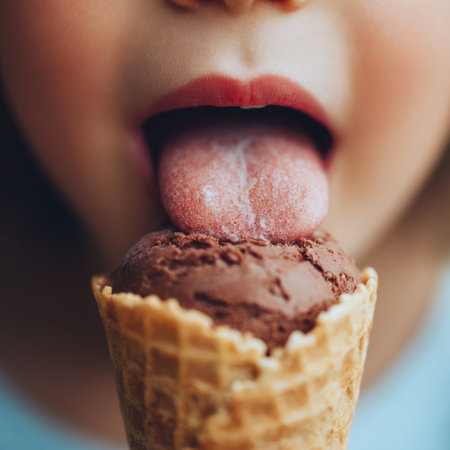 A delightful close-up of a child savoring a chocolate ice cream cone, showcasing a joyful expression and outstretched tongue, capturing a moment of pure happiness.の素材