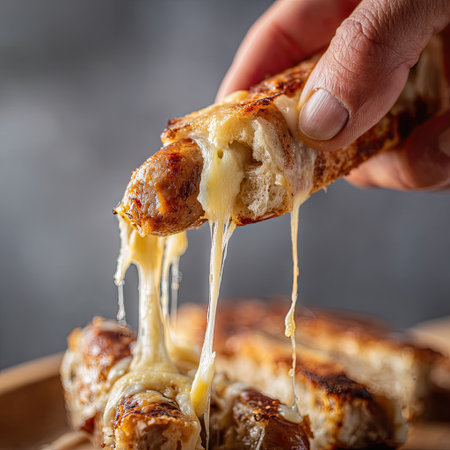 A close-up shot of a hand pulling apart gooey melted cheese from a warm piece of bread, showcasing the delightful stretch and texture of this delicious snack.の素材