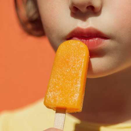 A charming close-up of a child savoring a bright orange popsicle on a warm summer day, showcasing the joyful moments of childhood and relaxation.の素材