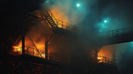 A striking industrial scene reveals flames and smoke radiating from factory structures, illuminated by dramatic lighting at night, capturing a tense atmosphere.の素材