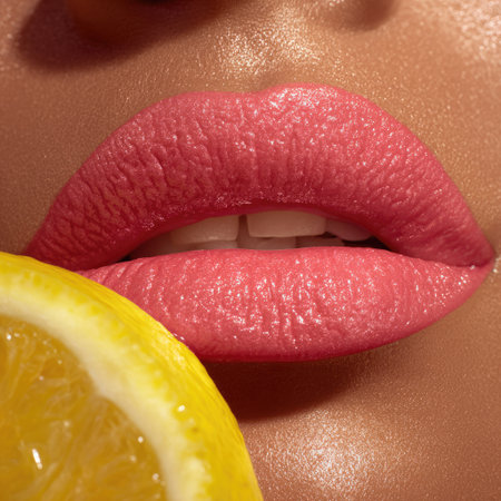 A stunning close-up image showcasing a pair of glossy pink lips next to a fresh lemon, capturing the essence of beauty and vibrancy in skincare.の素材