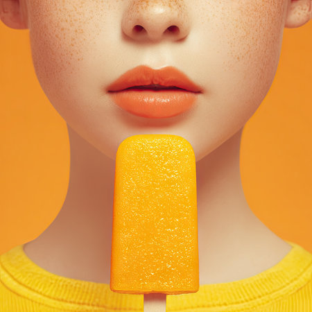 A close-up image of a young woman with freckles enjoying a bright orange popsicle. Her vibrant orange lips and playful expression capture the joy of summer and delicious treats.の素材