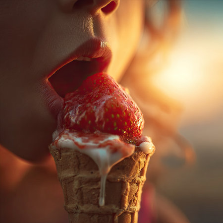 This captivating close-up captures a woman relishing a delicious ice cream cone topped with fresh strawberry and cream, illuminated by a glowing sunset.の素材