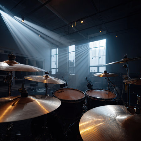 A captivating interior view of a music studio featuring a drum set under beams of light streaming through large windows, inspiring creativity and artistic expression.の素材