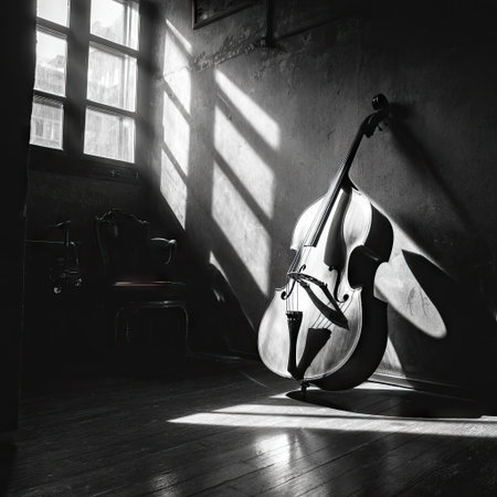 A captivating black and white still life image showcasing a double bass illuminated by sunlight streaming through a window, creating striking shadows.の素材