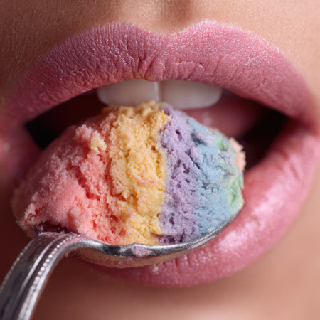Close-up image of vivid colorful ice cream scoop held by a spoon near glossy lips, capturing the essence of summer treats and delightful indulgence.の素材