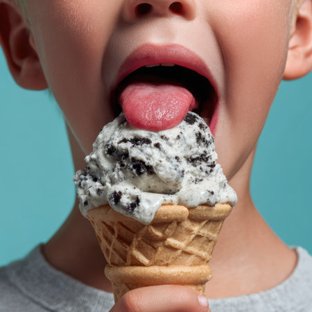 A joyful child is enjoying a tasty ice cream cone topped with Oreo crumbles, showcasing a playful moment filled with excitement and delight.の素材