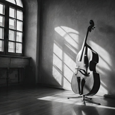 An elegant bass stands alone in a sunlit room, casting soft shadows on the wooden floor. This serene black-and-white image evokes nostalgia and tranquility.の素材